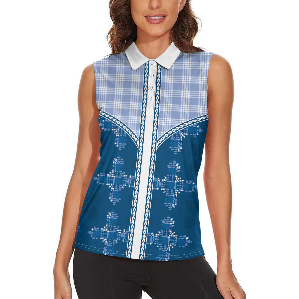 Blue Hawaii Paniolo Quilt Motif Women Sleeveless Polo Shirt LT05 - Polynesian Pride
