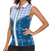 Blue Hawaii Paniolo Quilt Motif Women Sleeveless Polo Shirt LT05 - Polynesian Pride