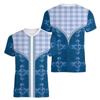 Blue Hawaii Paniolo Quilt Motif Women V-Neck T-Shirt LT05 - Polynesian Pride