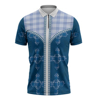 Blue Hawaii Paniolo Quilt Motif Zipper Polo Shirt LT05 Blue - Polynesian Pride