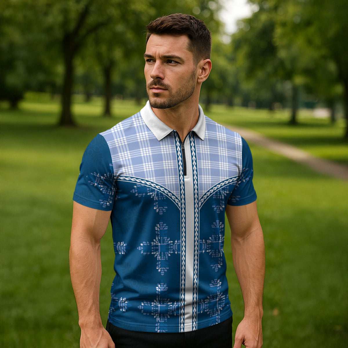 Blue Hawaii Paniolo Quilt Motif Zipper Polo Shirt LT05 - Polynesian Pride