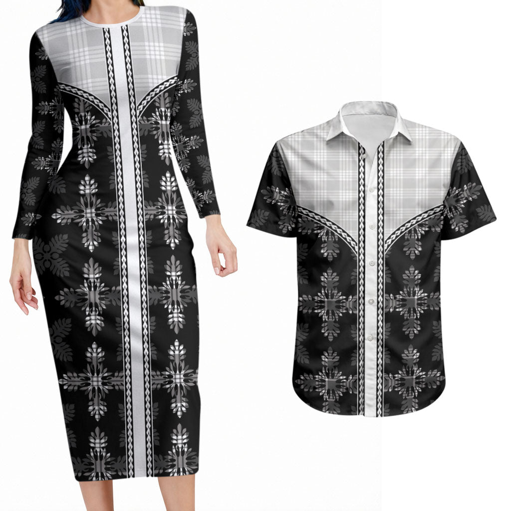 Black Hawaii Paniolo Quilt Motif Couples Matching Long Sleeve Bodycon Dress and Hawaiian Shirt LT05 Black - Polynesian Pride