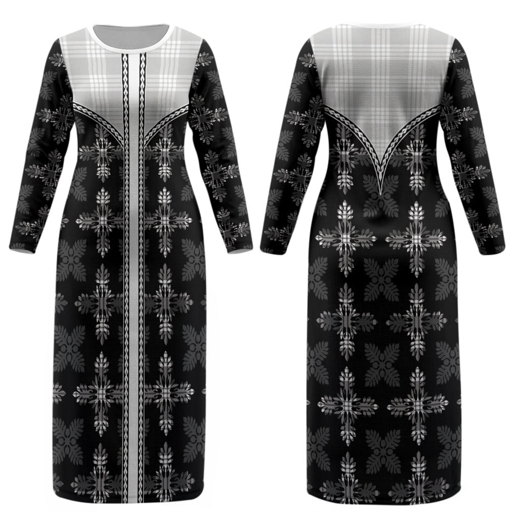 Black Hawaii Paniolo Quilt Motif Couples Matching Long Sleeve Bodycon Dress and Hawaiian Shirt LT05 - Polynesian Pride