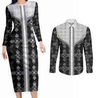 Black Hawaii Paniolo Quilt Motif Couples Matching Long Sleeve Bodycon Dress and Long Sleeve Button Shirt LT05 Black - Polynesian Pride