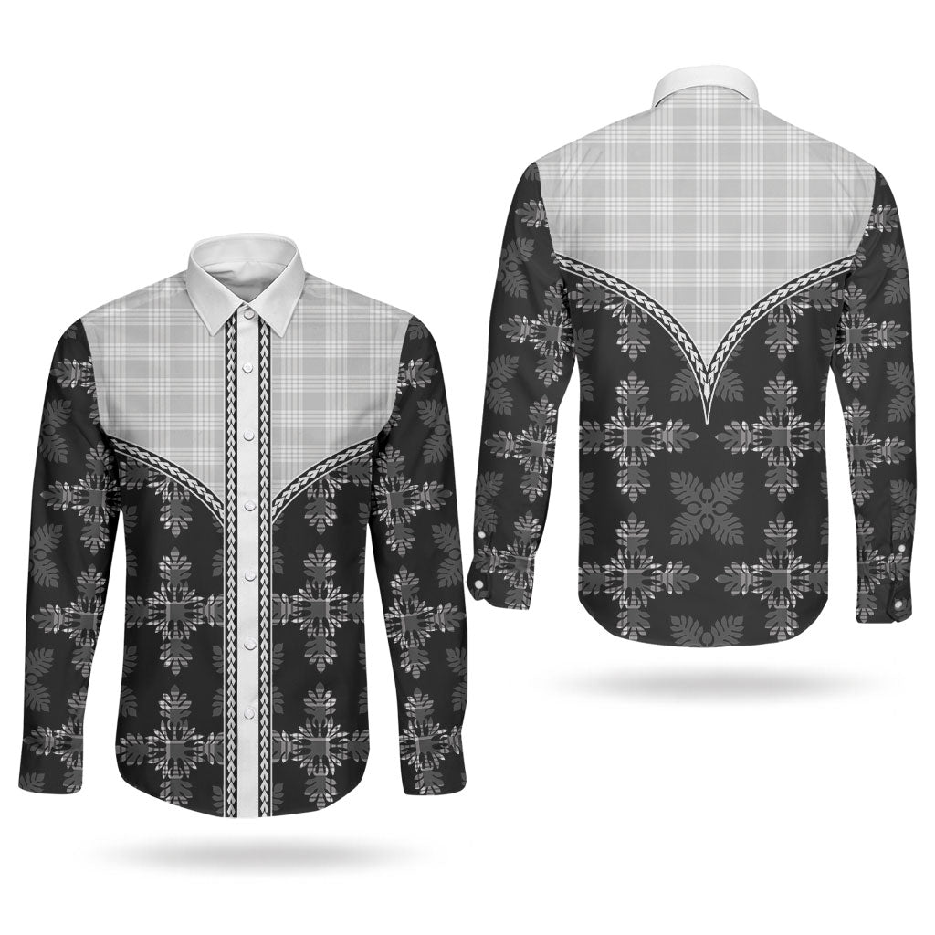Black Hawaii Paniolo Quilt Motif Couples Matching Long Sleeve Bodycon Dress and Long Sleeve Button Shirt LT05 - Polynesian Pride