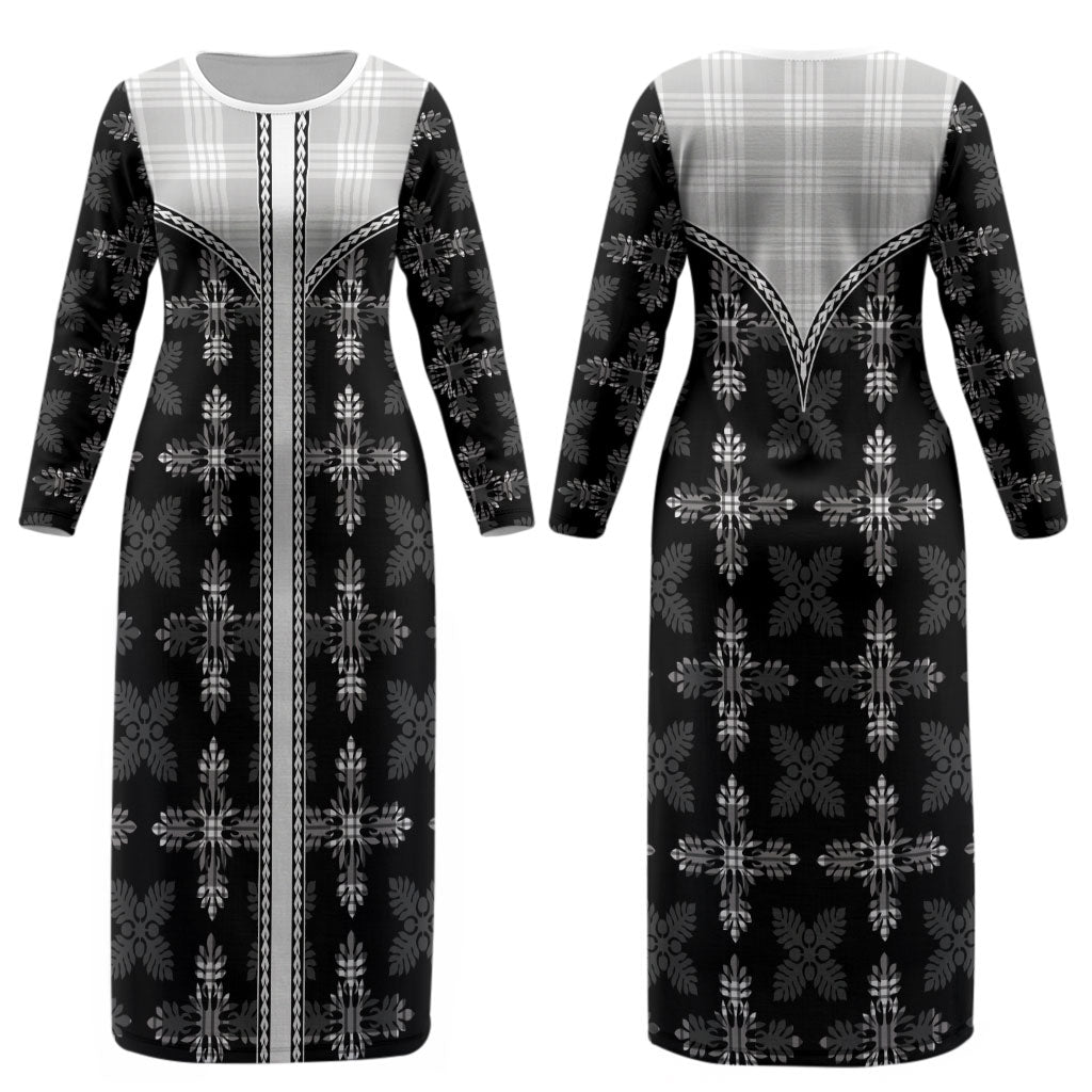 Black Hawaii Paniolo Quilt Motif Couples Matching Long Sleeve Bodycon Dress and Long Sleeve Button Shirt LT05 - Polynesian Pride