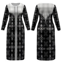 Black Hawaii Paniolo Quilt Motif Couples Matching Long Sleeve Bodycon Dress and Long Sleeve Button Shirt LT05 - Polynesian Pride