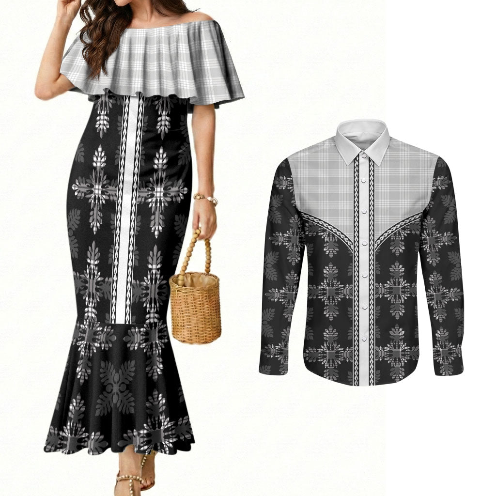 Black Hawaii Paniolo Quilt Motif Couples Matching Mermaid Dress and Long Sleeve Button Shirt LT05 Black - Polynesian Pride
