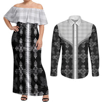 Black Hawaii Paniolo Quilt Motif Couples Matching Off Shoulder Maxi Dress and Long Sleeve Button Shirt LT05 Black - Polynesian Pride