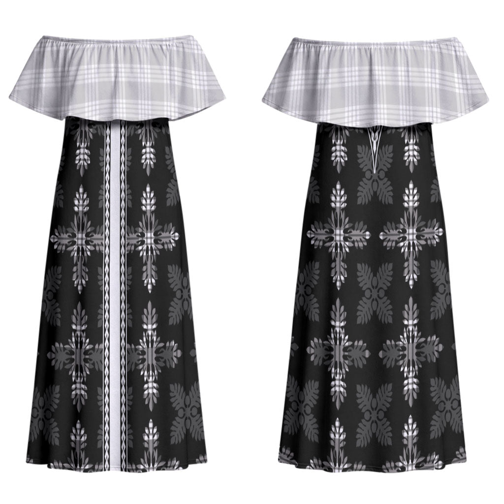 Black Hawaii Paniolo Quilt Motif Couples Matching Off Shoulder Maxi Dress and Long Sleeve Button Shirt LT05 - Polynesian Pride