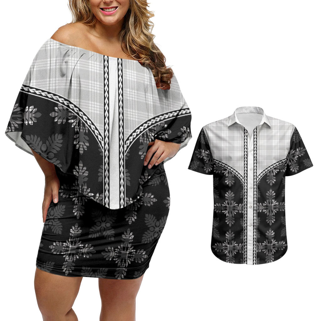 Black Hawaii Paniolo Quilt Motif Couples Matching Off Shoulder Short Dress and Hawaiian Shirt LT05 Black - Polynesian Pride