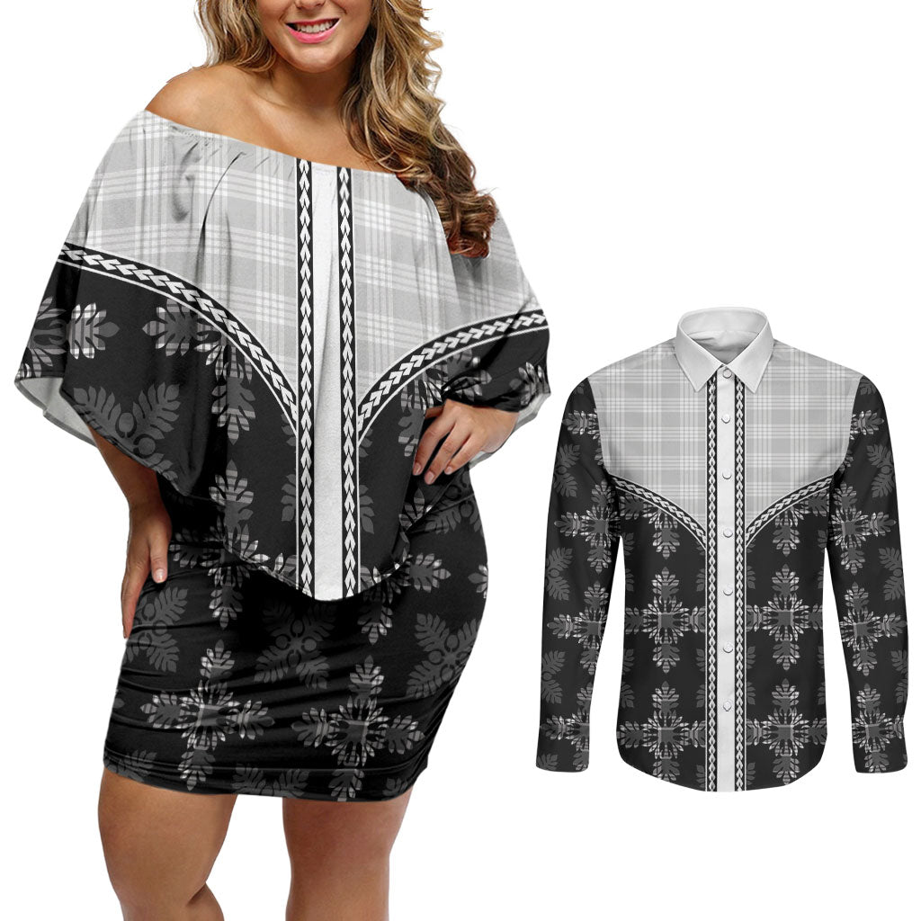 Black Hawaii Paniolo Quilt Motif Couples Matching Off Shoulder Short Dress and Long Sleeve Button Shirt LT05 Black - Polynesian Pride