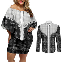 Black Hawaii Paniolo Quilt Motif Couples Matching Off Shoulder Short Dress and Long Sleeve Button Shirt LT05 Black - Polynesian Pride