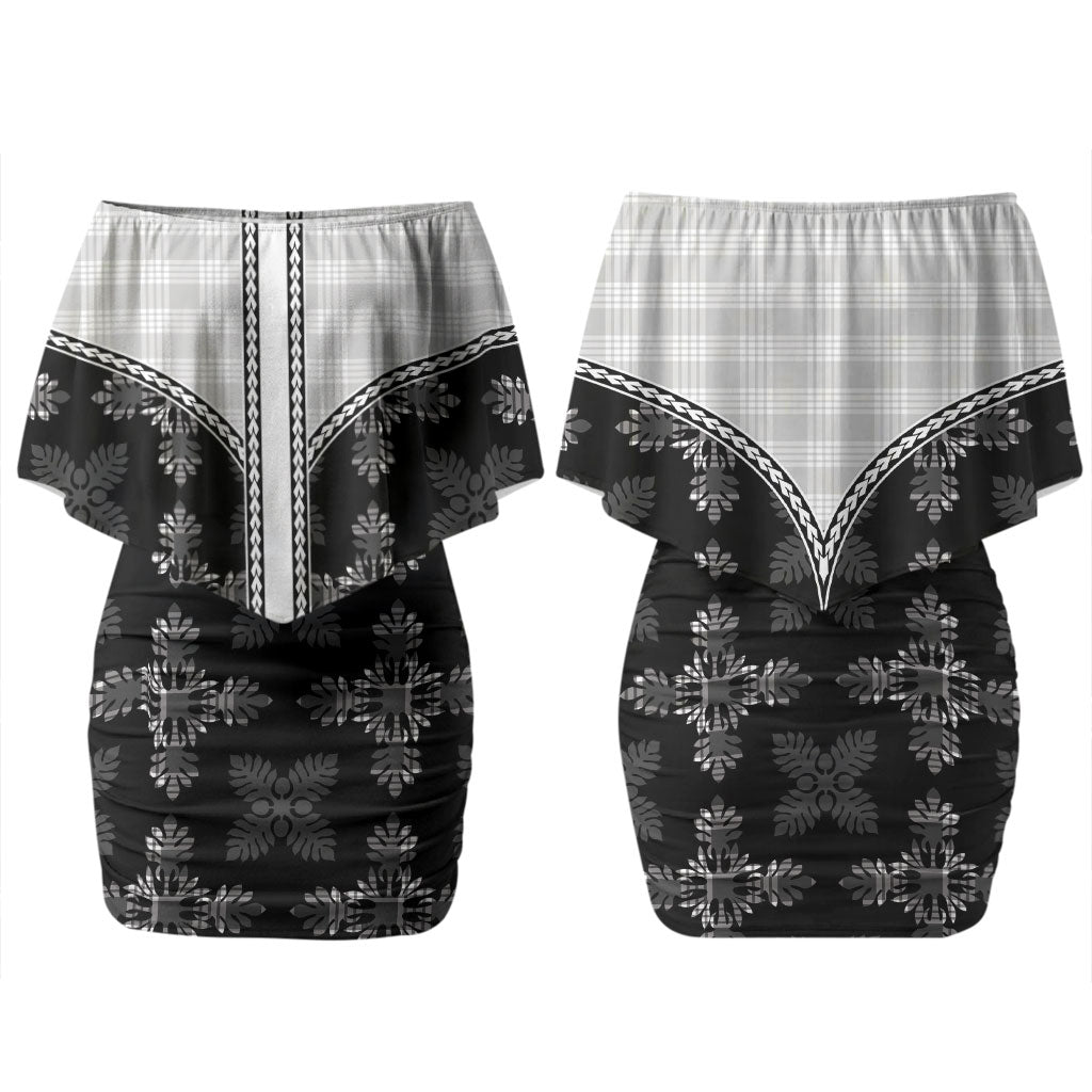 Black Hawaii Paniolo Quilt Motif Couples Matching Off Shoulder Short Dress and Long Sleeve Button Shirt LT05 - Polynesian Pride