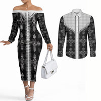 Black Hawaii Paniolo Quilt Motif Couples Matching Off The Shoulder Long Sleeve Dress and Long Sleeve Button Shirt LT05 Black - Polynesian Pride