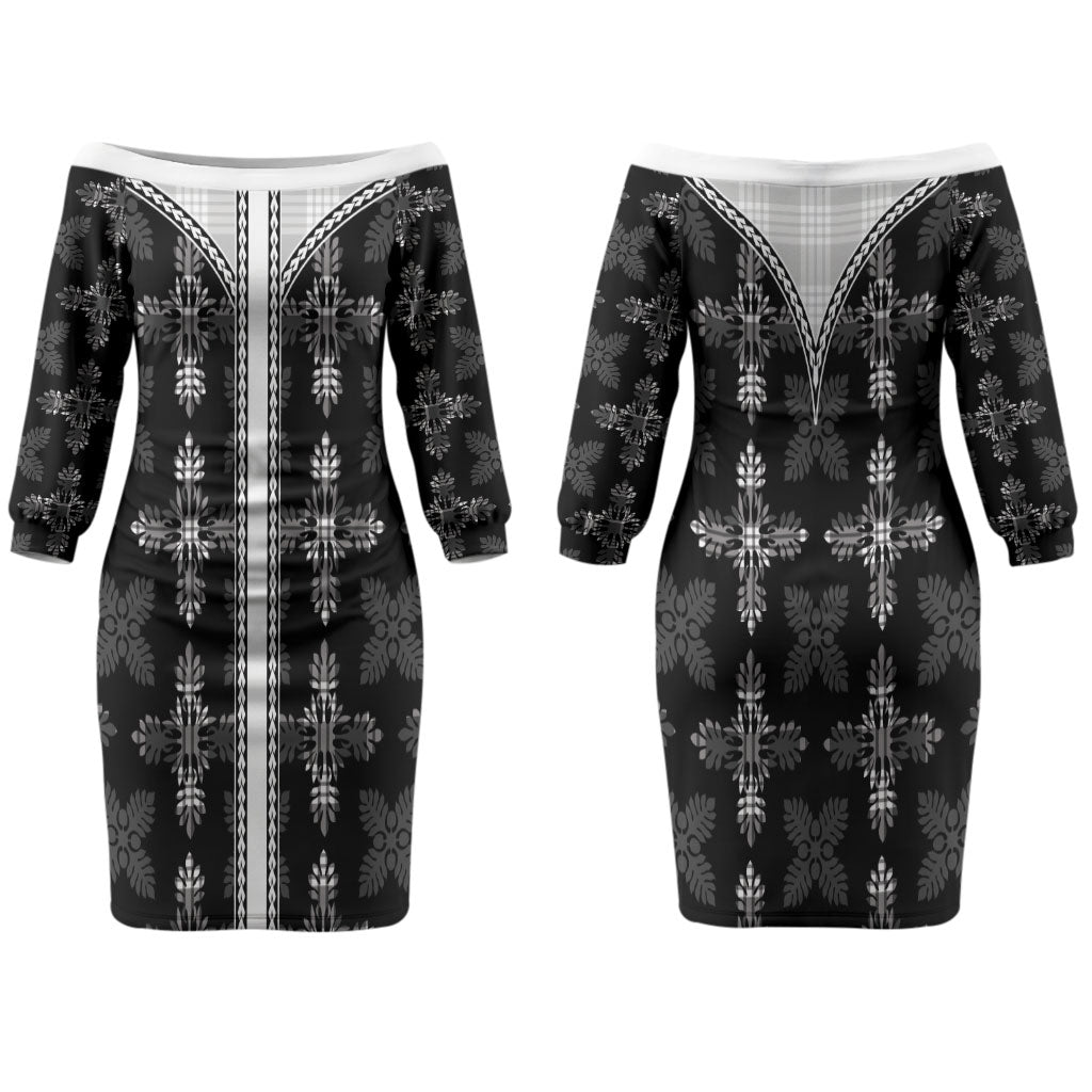 Black Hawaii Paniolo Quilt Motif Couples Matching Off The Shoulder Long Sleeve Dress and Long Sleeve Button Shirt LT05 - Polynesian Pride