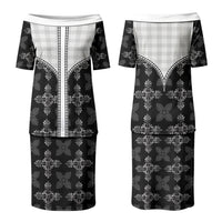 Black Hawaii Paniolo Quilt Motif Couples Matching Puletasi and Long Sleeve Button Shirt LT05 - Polynesian Pride