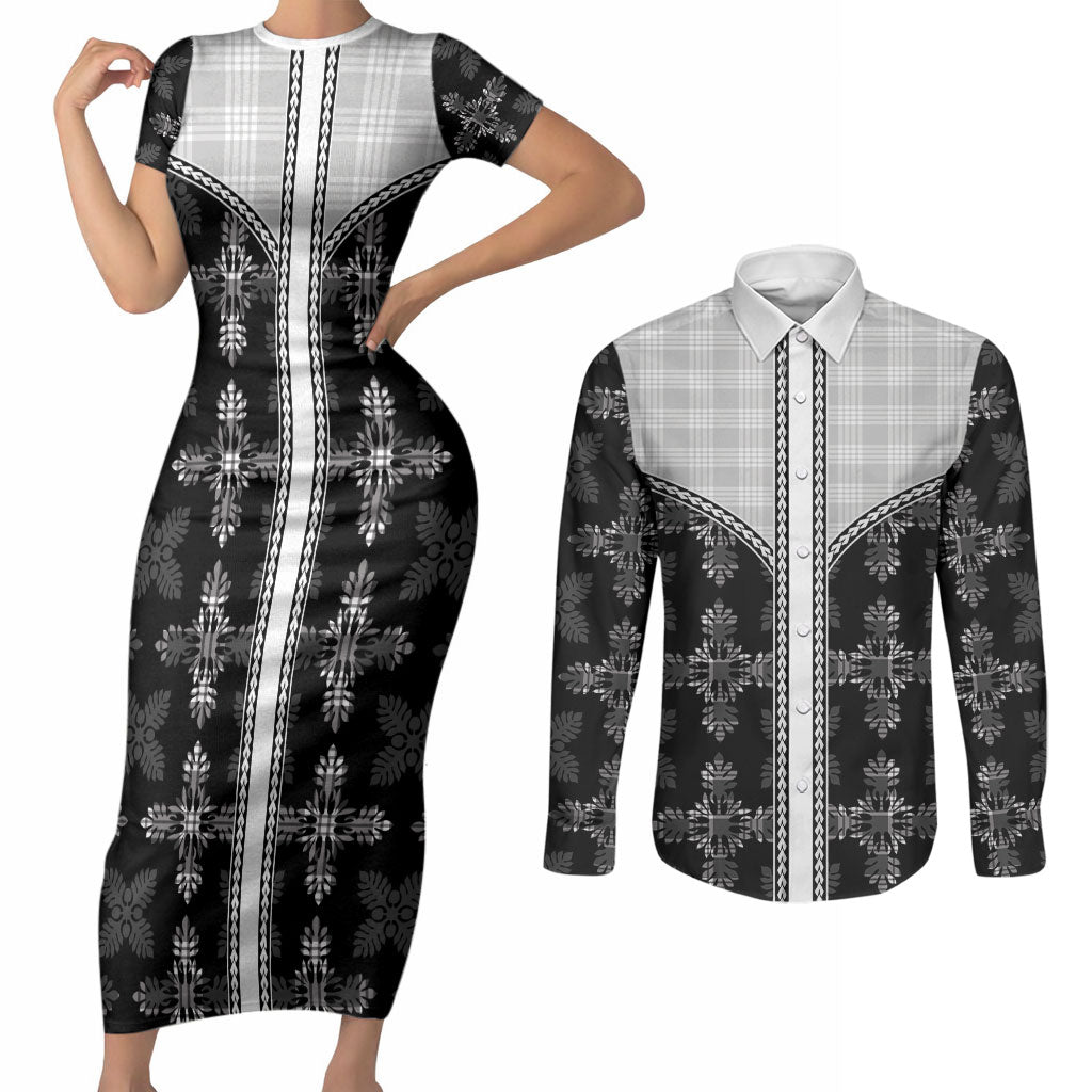 Black Hawaii Paniolo Quilt Motif Couples Matching Short Sleeve Bodycon Dress and Long Sleeve Button Shirt LT05 Black - Polynesian Pride