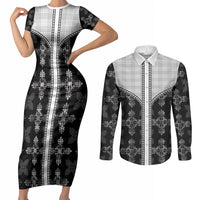 Black Hawaii Paniolo Quilt Motif Couples Matching Short Sleeve Bodycon Dress and Long Sleeve Button Shirt LT05 Black - Polynesian Pride
