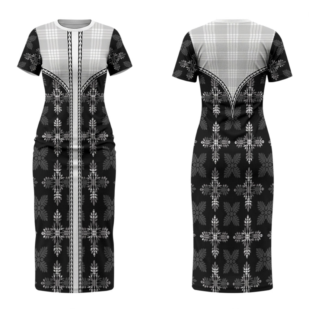 Black Hawaii Paniolo Quilt Motif Couples Matching Short Sleeve Bodycon Dress and Long Sleeve Button Shirt LT05 - Polynesian Pride