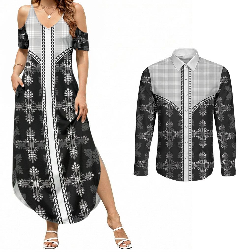 Black Hawaii Paniolo Quilt Motif Couples Matching Summer Maxi Dress and Long Sleeve Button Shirt LT05 Black - Polynesian Pride