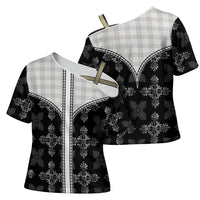 Black Hawaii Paniolo Quilt Motif Cross Shoulder Shirt LT05 - Polynesian Pride