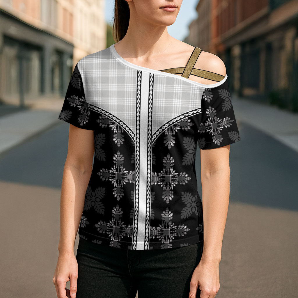 Black Hawaii Paniolo Quilt Motif Cross Shoulder Shirt LT05 - Polynesian Pride