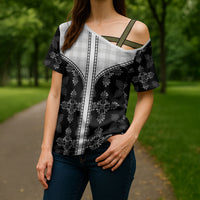 Black Hawaii Paniolo Quilt Motif Cross Shoulder Shirt LT05 - Polynesian Pride