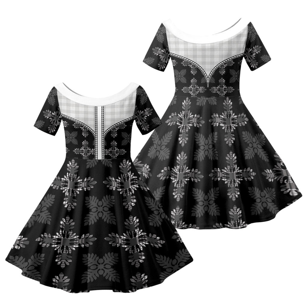 Black Hawaii Paniolo Quilt Motif Family Matching Mermaid Dress and Hawaiian Shirt LT05 Daughter's Dress Black - Polynesian Pride