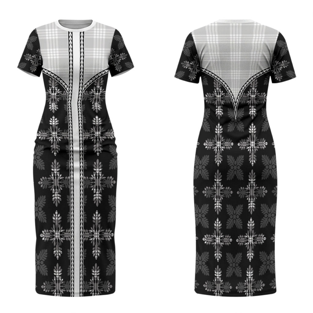 Black Hawaii Paniolo Quilt Motif Family Matching Short Sleeve Bodycon Dress and Hawaiian Shirt LT05 Mom's Dress Black - Polynesian Pride