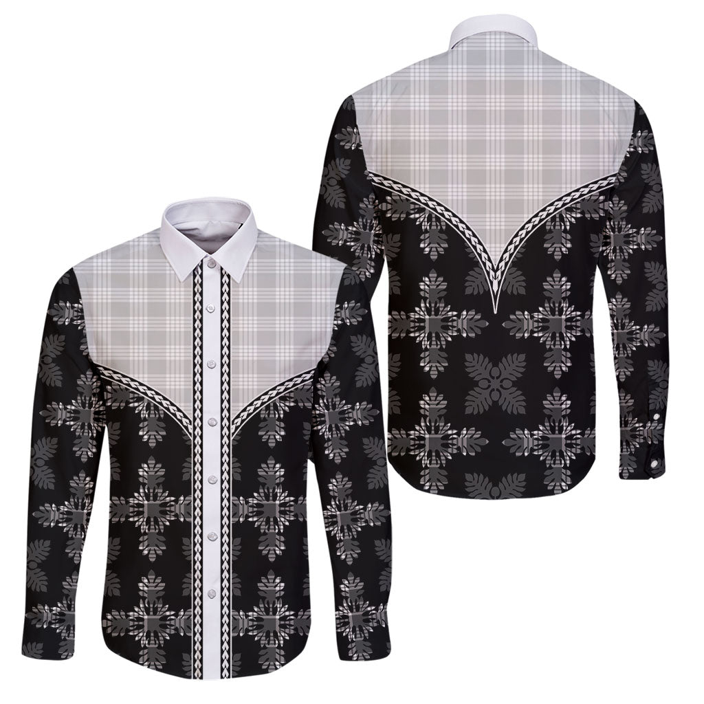 Black Hawaii Paniolo Quilt Motif Family Matching Short Sleeve Bodycon Dress and Hawaiian Shirt LT05 Dad's Shirt - Long Sleeve Black - Polynesian Pride
