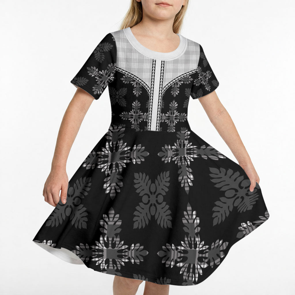 Black Hawaii Paniolo Quilt Motif Kid Short Sleeve Dress LT05 - Polynesian Pride