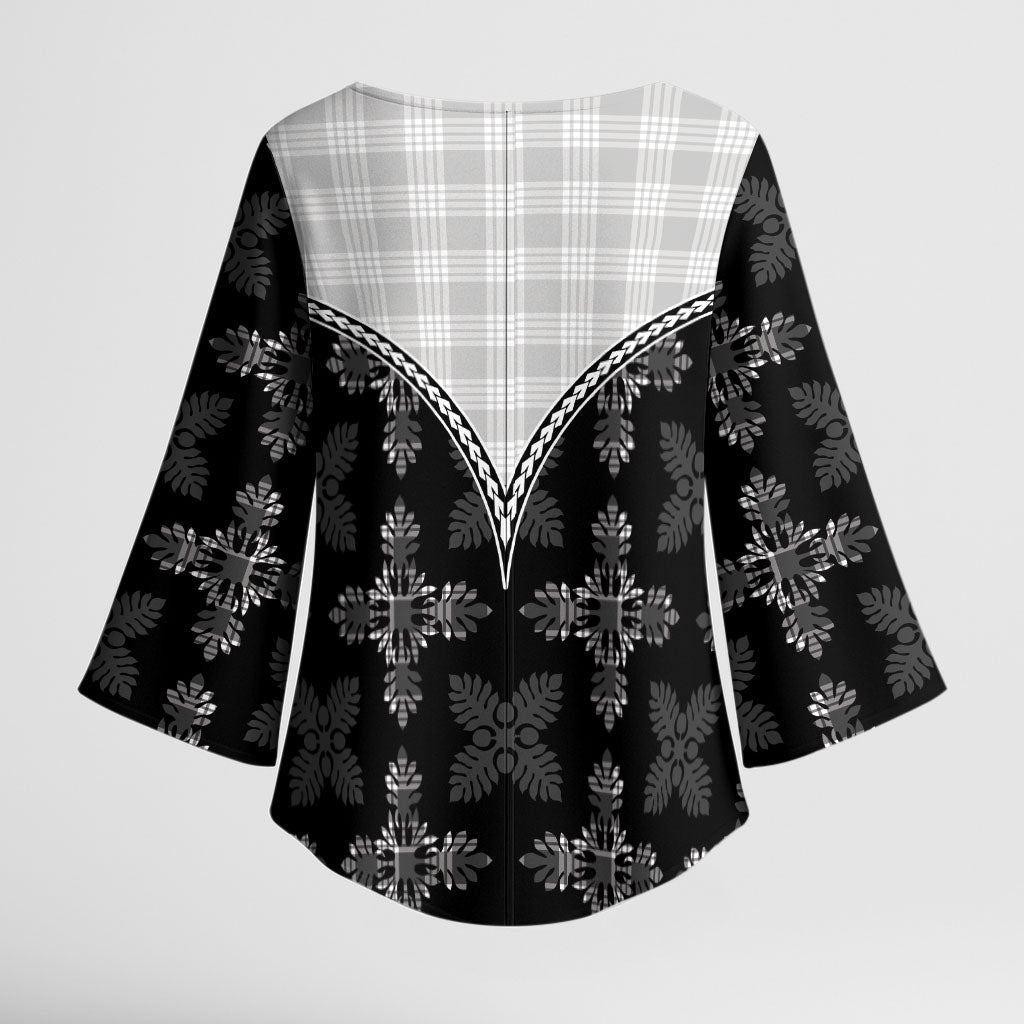 Black Hawaii Paniolo Quilt Motif Kimono Sleeve Blouse LT05 - Polynesian Pride