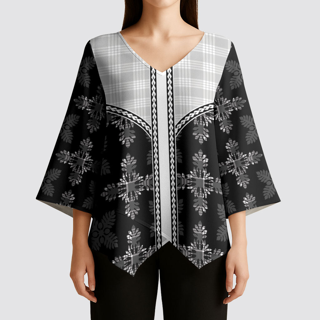 Black Hawaii Paniolo Quilt Motif Kimono Sleeve Blouse LT05 - Polynesian Pride