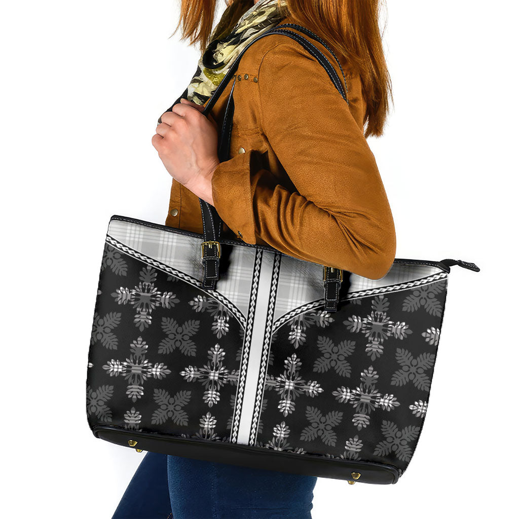 Black Hawaii Paniolo Quilt Motif Leather Tote Bag LT05 Black - Polynesian Pride