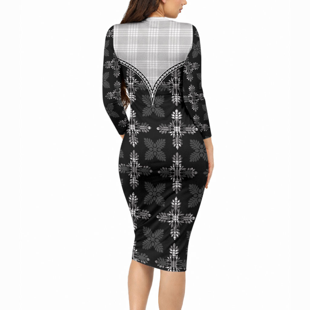 Black Hawaii Paniolo Quilt Motif Long Sleeve Bodycon Dress LT05 - Polynesian Pride