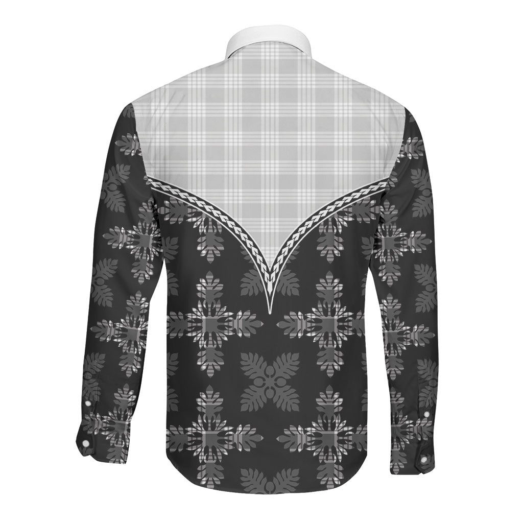 Black Hawaii Paniolo Quilt Motif Long Sleeve Button Shirt LT05 - Polynesian Pride