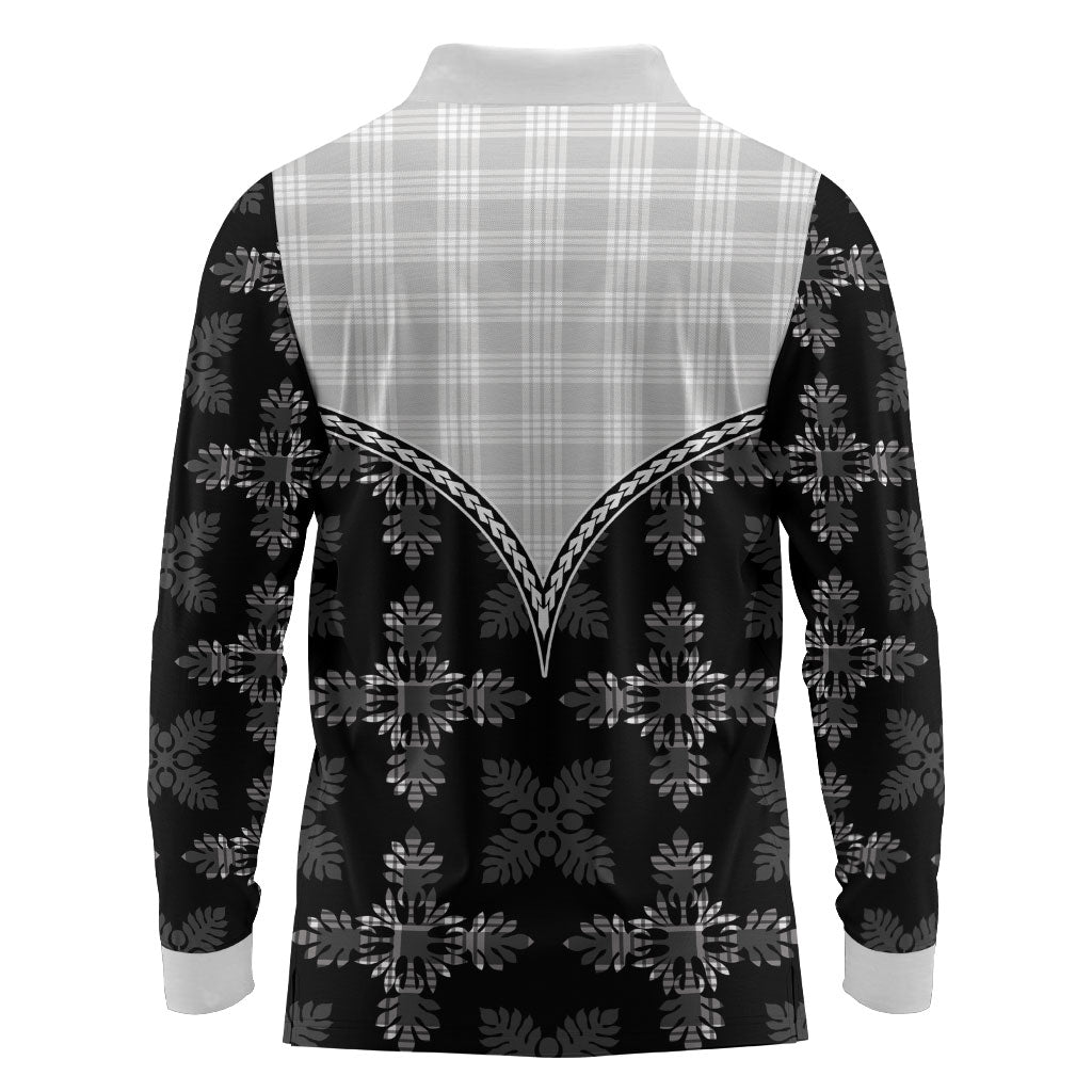 Black Hawaii Paniolo Quilt Motif Long Sleeve Polo Shirt LT05 - Polynesian Pride