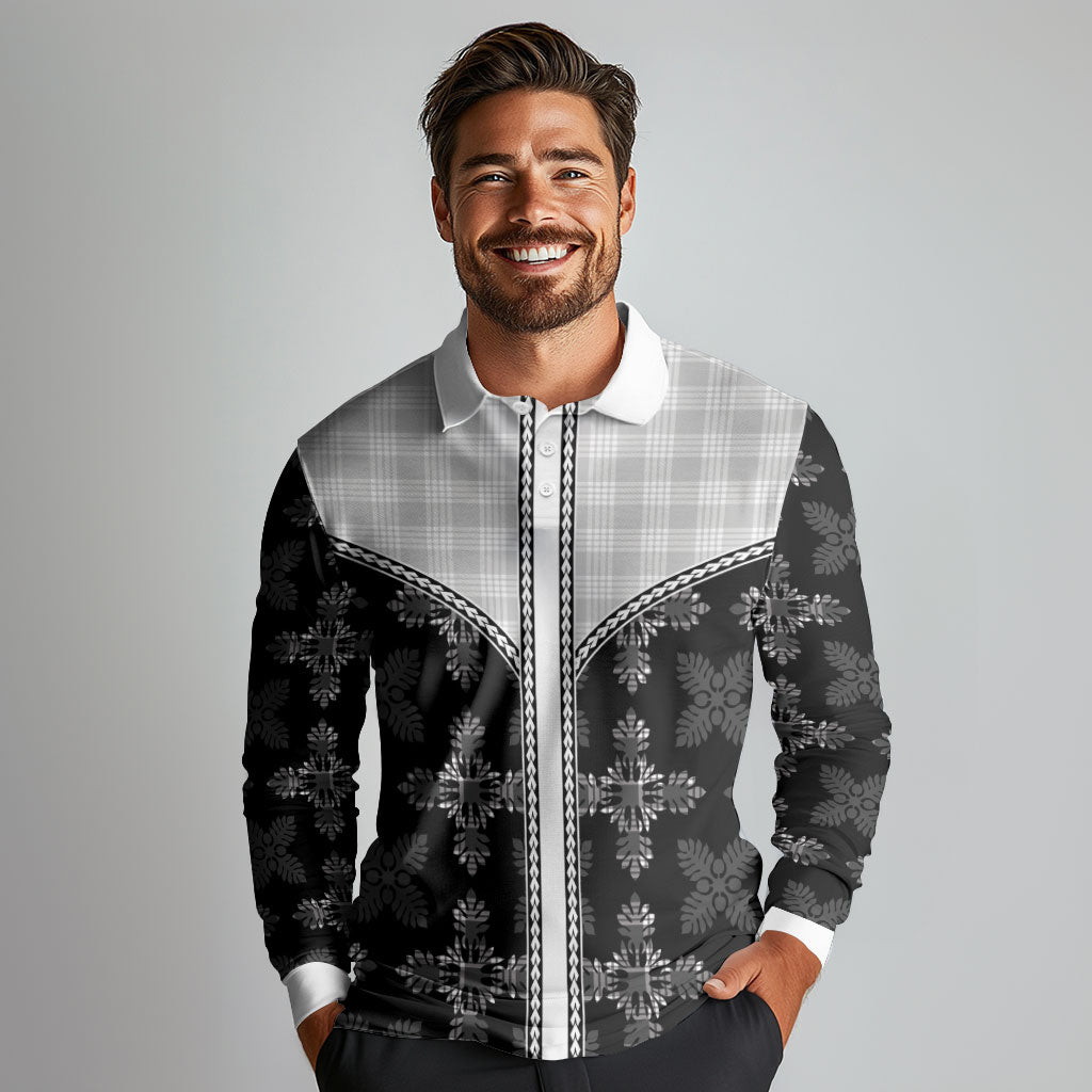 Black Hawaii Paniolo Quilt Motif Long Sleeve Polo Shirt LT05 - Polynesian Pride