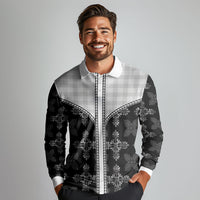 Black Hawaii Paniolo Quilt Motif Long Sleeve Polo Shirt LT05 - Polynesian Pride