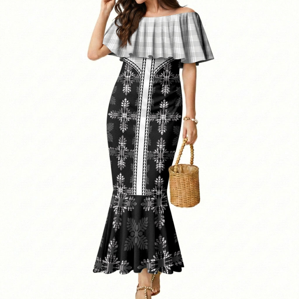 Black Hawaii Paniolo Quilt Motif Mermaid Dress LT05 Women Black - Polynesian Pride