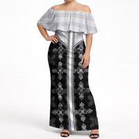Black Hawaii Paniolo Quilt Motif Off Shoulder Maxi Dress LT05 Women Black - Polynesian Pride