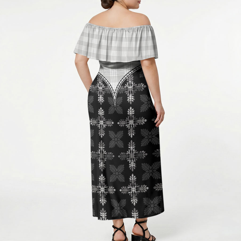 Black Hawaii Paniolo Quilt Motif Off Shoulder Maxi Dress LT05 - Polynesian Pride