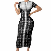 Black Hawaii Paniolo Quilt Motif Short Sleeve Bodycon Dress LT05 Long Dress Black - Polynesian Pride