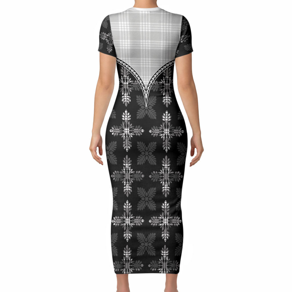 Black Hawaii Paniolo Quilt Motif Short Sleeve Bodycon Dress LT05 - Polynesian Pride