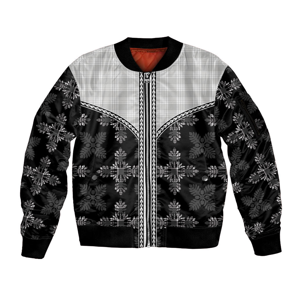 Black Hawaii Paniolo Quilt Motif Sleeve Zip Bomber Jacket LT05 Unisex Black - Polynesian Pride