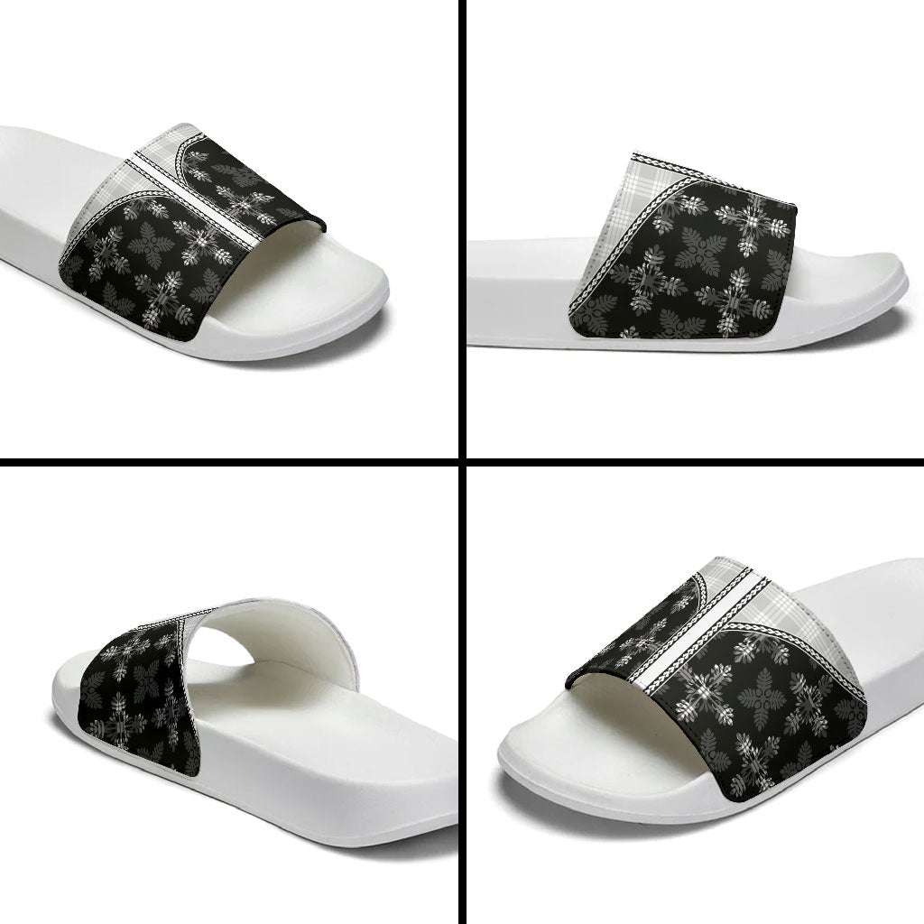 Black Hawaii Paniolo Quilt Motif Slide Sandals LT05 - Polynesian Pride