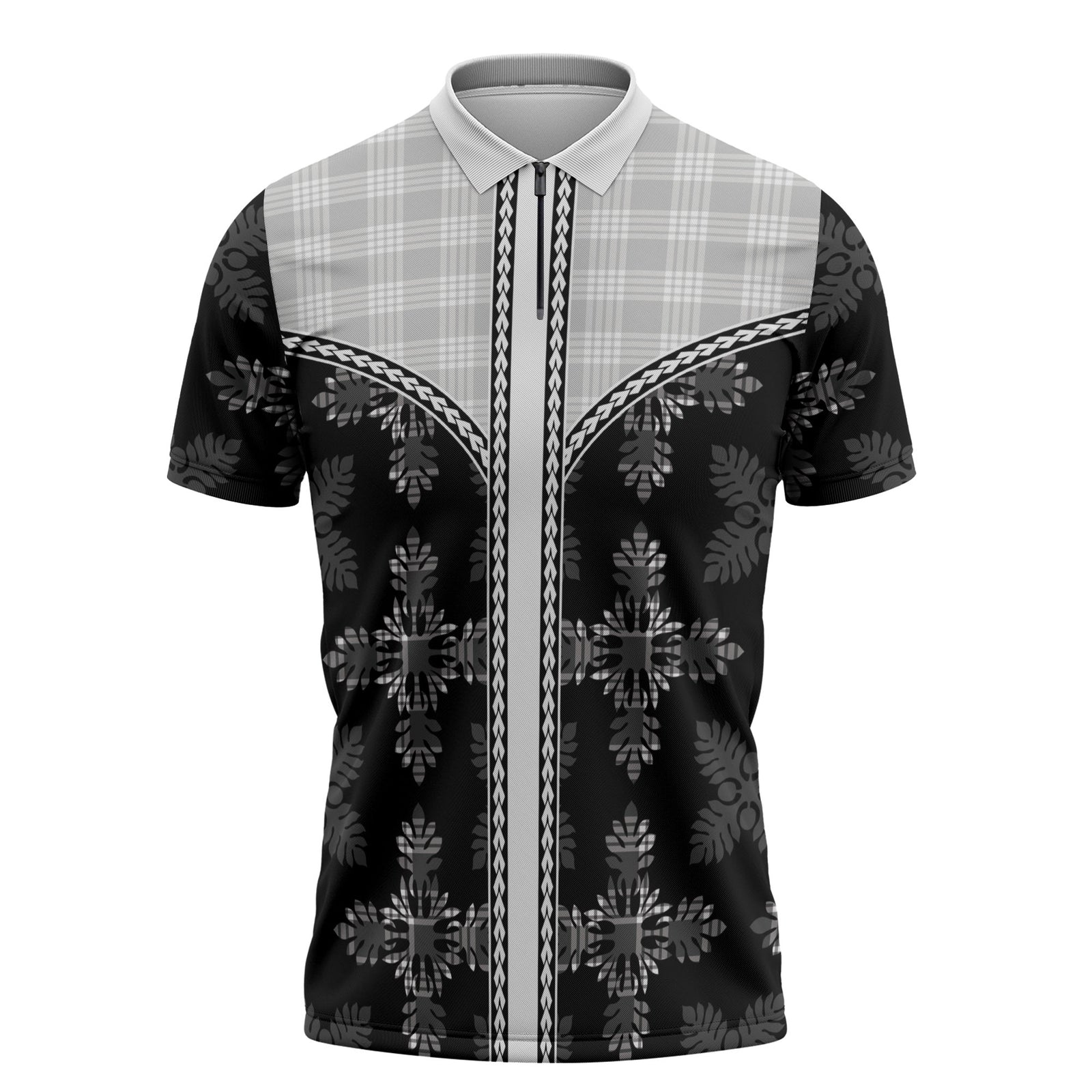 Black Hawaii Paniolo Quilt Motif Zipper Polo Shirt LT05 Black - Polynesian Pride
