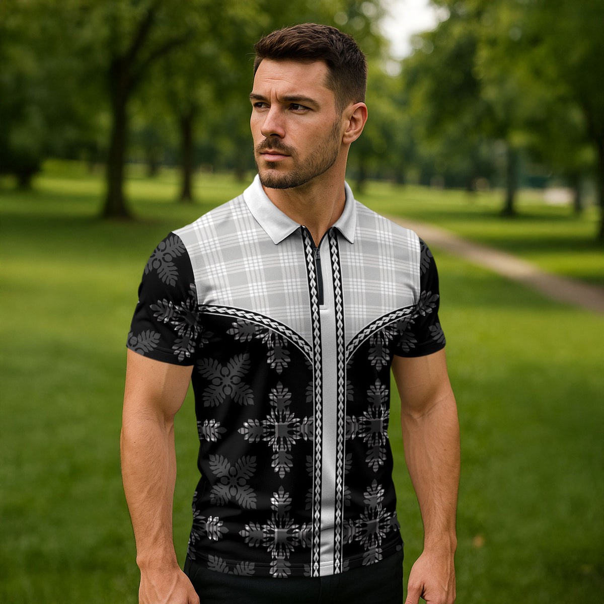 Black Hawaii Paniolo Quilt Motif Zipper Polo Shirt LT05 - Polynesian Pride