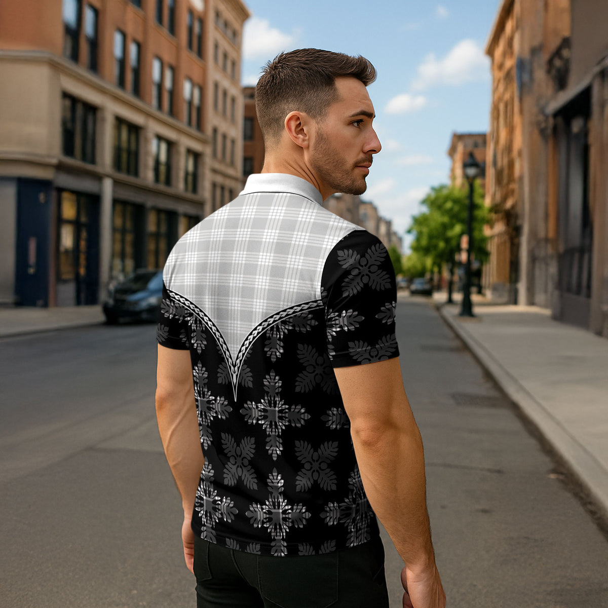 Black Hawaii Paniolo Quilt Motif Zipper Polo Shirt LT05 - Polynesian Pride